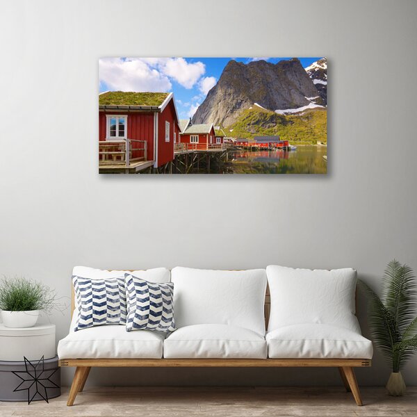 Tablou pe panza canvas Case Munții Lacul Peisaj Brun Alb Verde Gri