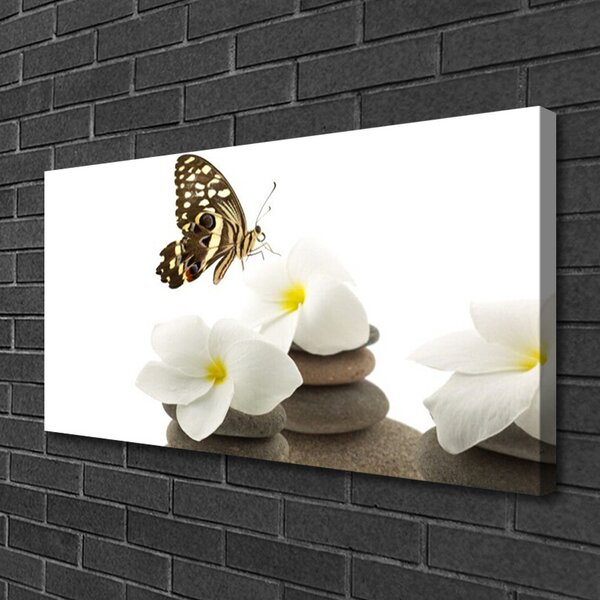 Tablou pe panza canvas Butterfly Pietre florale flori verde Alb Gri