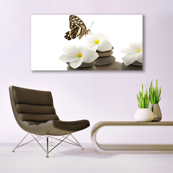 Tablou pe panza canvas Butterfly Pietre florale flori verde Alb Gri