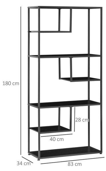 Biblioteca cu 7 nivele din PAL si otel pentru sufragerie, dormitor si birou, 83x34x180 cm, negru HOMCOM | Aosom Romania
