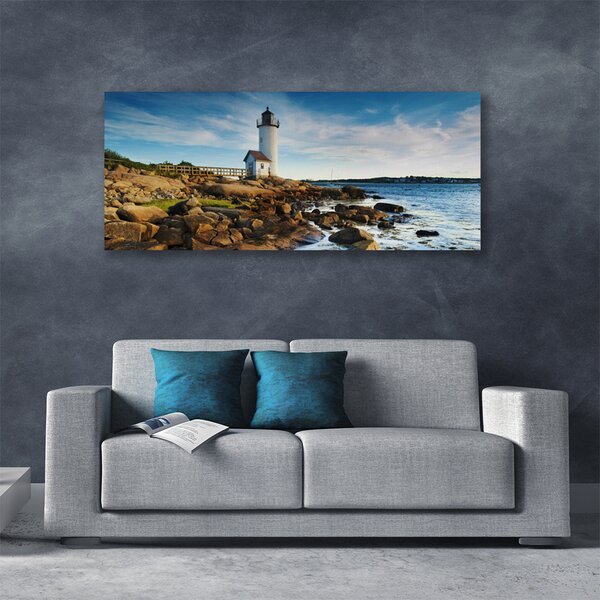 Tablou pe panza canvas Farul pietre Marea Peisaj Alb Brun Gri Galben