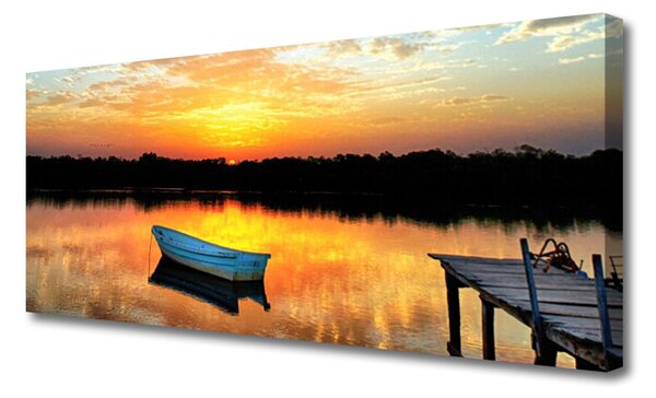 Tablou pe panza canvas Boat Podul Lacul Peisaj Alb Gri Galben Negru
