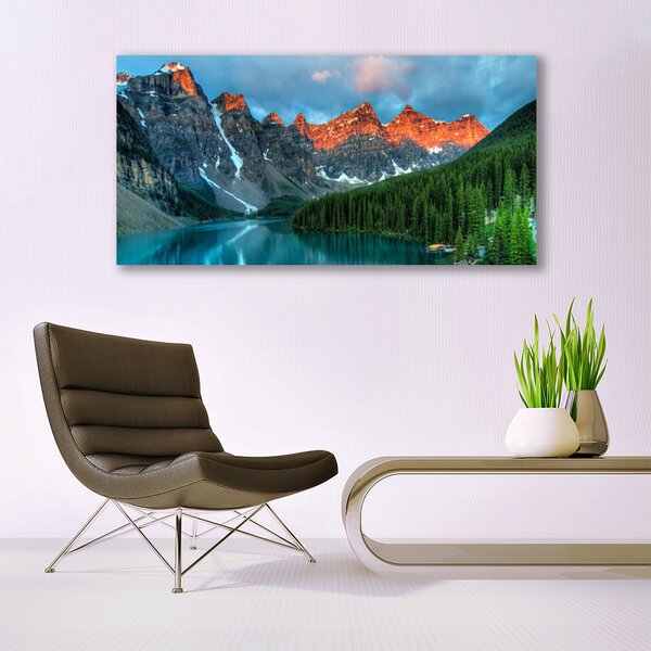 Tablou pe panza canvas Mountain Lake Forest Peisaj Albastru Verde Gri Galben