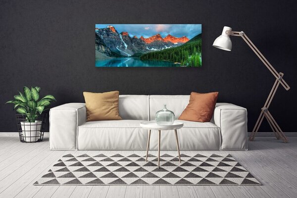 Tablou pe panza canvas Mountain Lake Forest Peisaj Albastru Verde Gri Galben
