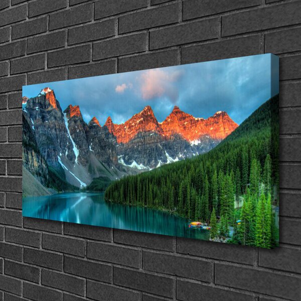 Tablou pe panza canvas Mountain Lake Forest Peisaj Albastru Verde Gri Galben