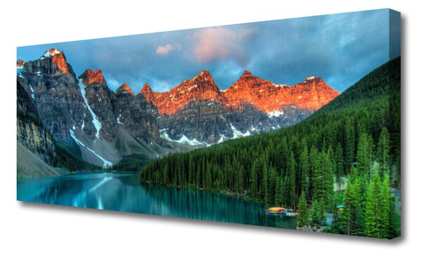 Tablou pe panza canvas Mountain Lake Forest Peisaj Albastru Verde Gri Galben