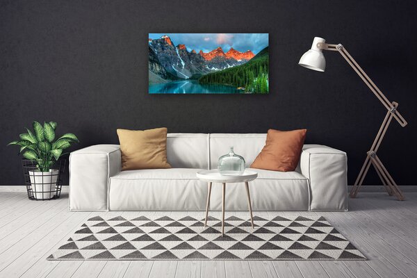 Tablou pe panza canvas Mountain Lake Forest Peisaj Albastru Verde Gri Galben