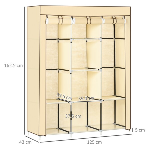 HOMCOM Dulap Portabil din Stofă cu 8 Rafturi și 2 Bare, Organizator Haine cu Ușă Rulantă, 125x43x162.5 cm, Bej | Aosom Romania