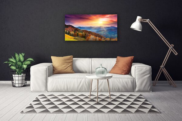 Tablou pe panza canvas Munte Pădurea Verde Galben Peisaj Albastru Galben Roz