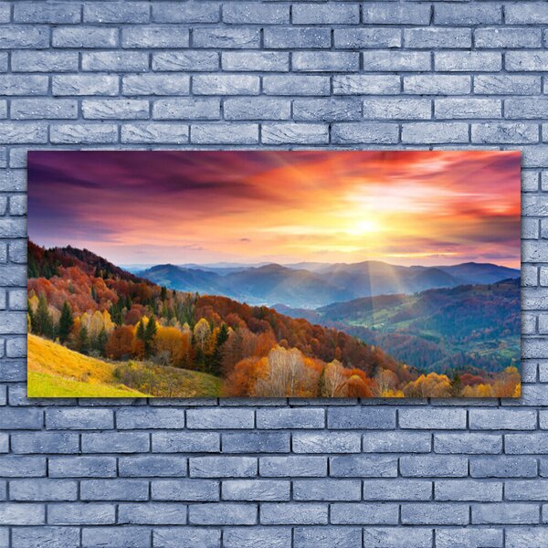 Tablou pe panza canvas Munte Pădurea Verde Galben Peisaj Albastru Galben Roz