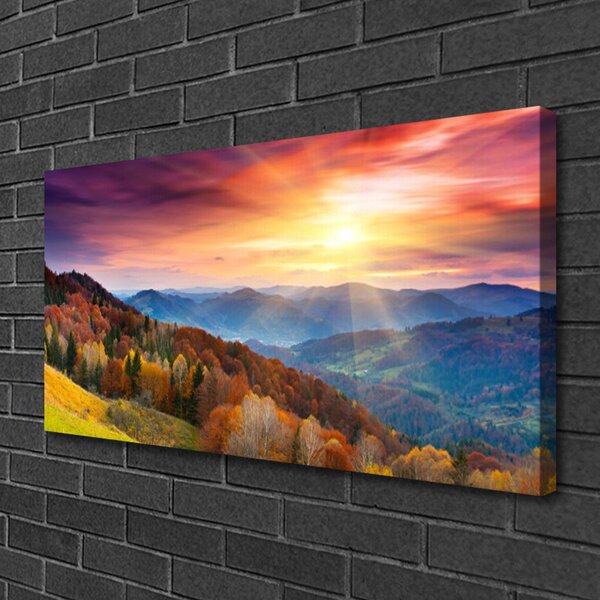 Tablou pe panza canvas Munte Pădurea Verde Galben Peisaj Albastru Galben Roz