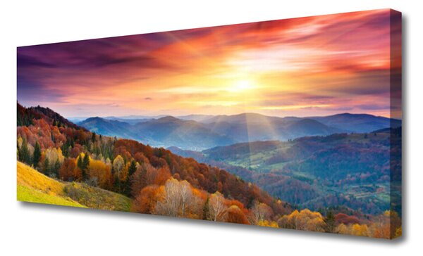Tablou pe panza canvas Munte Pădurea Verde Galben Peisaj Albastru Galben Roz