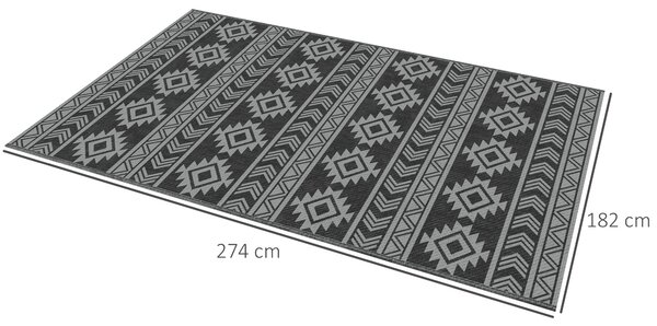 Outsunny Covor Exterior Reversibil, 1,8 x 2,75m, Impermeabil pentru Curte, Veranda, Picnic, Plaja, Camping, Negru si Gri | Aosom Romania
