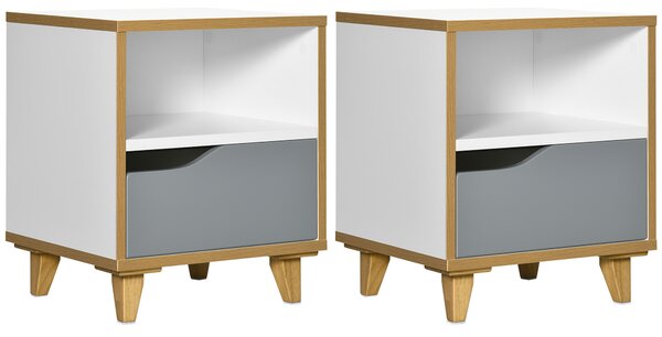 Set de 2 noptiere moderne cu sertar si raft, noptiere din lemn MDF, 36,8x33x43,8cm, alb si gri HOMCOM | Aosom RO