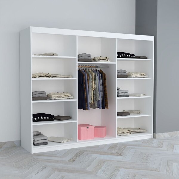 Set Mobila De Dormitor Eric Gri Cu Extensii, pat Eric cu extensii tapitat Gri 160x200cm, dulap gri 250cm, 2 noptiere tapitate si saltea 160x200cm