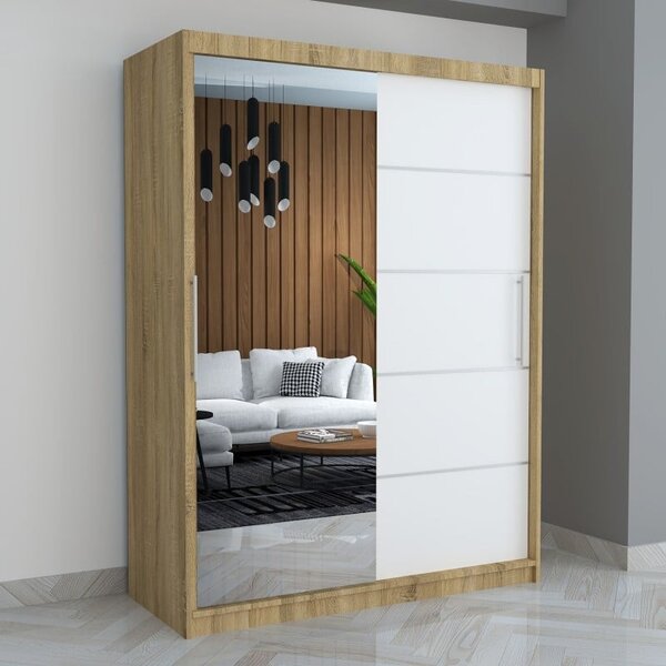 Dulap A06 Sonoma Alb cu Oglinda, 150cm Lungime