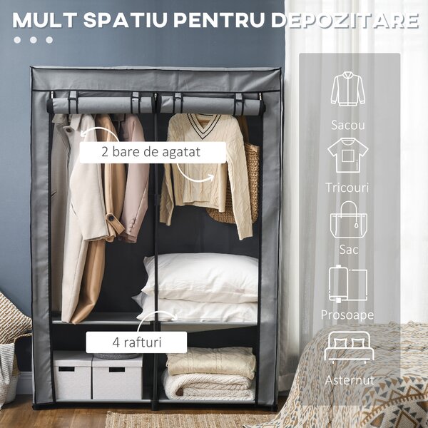 HOMCOM Dulap Portabil din Oțel cu 4 Rafturi 2 Umerase și Ușă Gri Design Compact și Versatil pentru Dormitor sau Hol | Aosom Romania