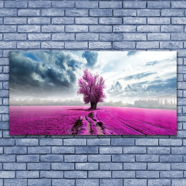 Tablou pe panza canvas Meadow copac Natura Roz Albastru Alb