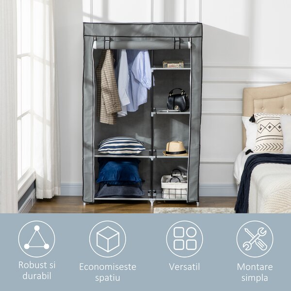 HOMCOM Dulap Modular din Oțel și PP, Organizator cu 6 Rafturi Deschise, 1 Cuier și Ușă, 103x43x162.5 cm, Gri | Aosom Romania
