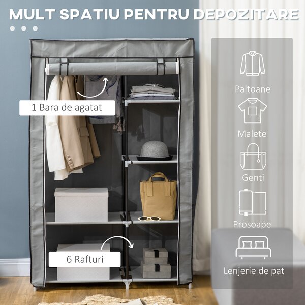 HOMCOM Dulap Modular din Oțel și PP, Organizator cu 6 Rafturi Deschise, 1 Cuier și Ușă, 103x43x162.5 cm, Gri | Aosom Romania