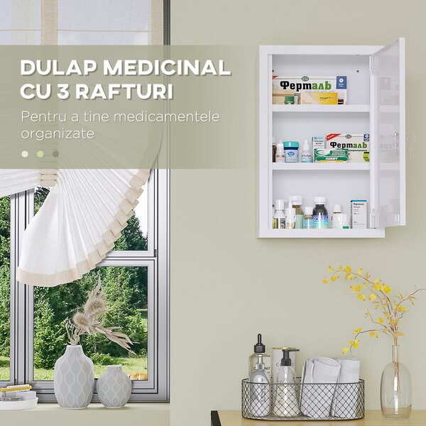 Kleankin Dulap de Medicamente, 3 Niveluri, din Oțel Inoxidabil, cu 2 Chei și Montare pe Perete, 30x14x46 cm, Alb | Aosom Romania