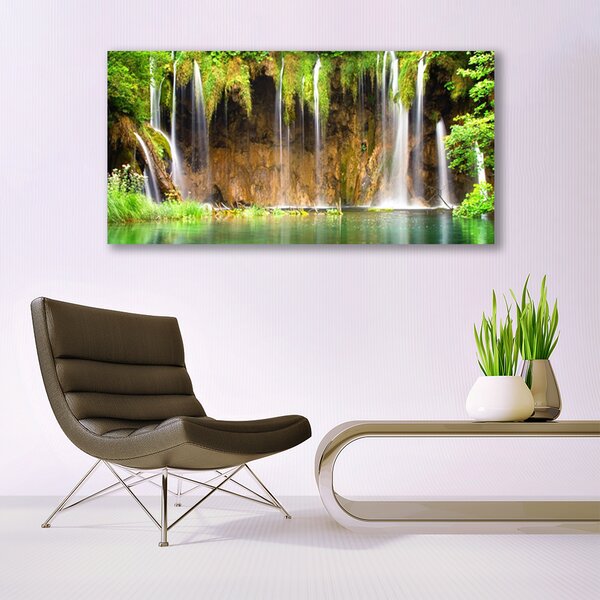 Tablou pe panza canvas Cascada Lacul Verde Natura Maro Alb Albastru
