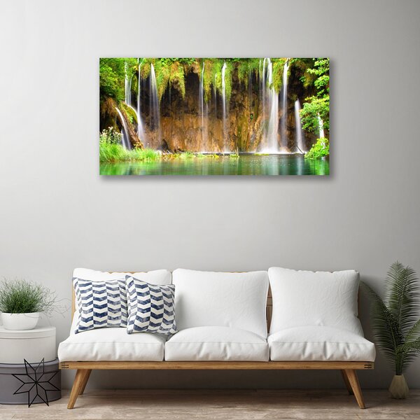 Tablou pe panza canvas Cascada Lacul Verde Natura Maro Alb Albastru
