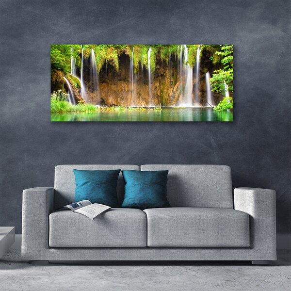Tablou pe panza canvas Cascada Lacul Verde Natura Maro Alb Albastru