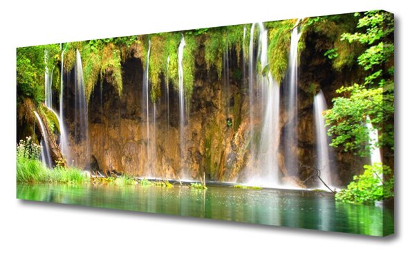 Tablou pe panza canvas Cascada Lacul Verde Natura Maro Alb Albastru
