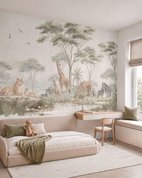 Tapet Safari cu girafe, lei, zebre și copaci tropicali, Imagini de fundal unice, w05804 : Uwalls.ro
