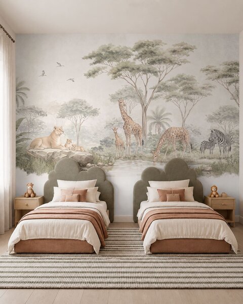 Tapet Safari cu girafe, lei, zebre și copaci tropicali, Imagini de fundal unice, w05804 : Uwalls.ro
