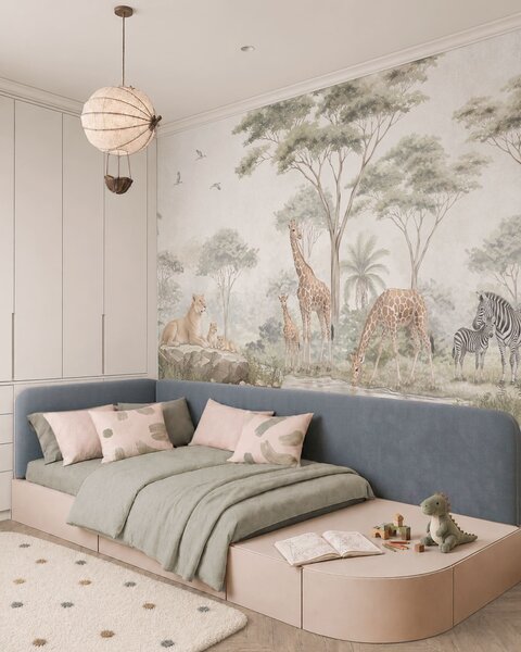 Tapet Safari cu girafe, lei, zebre și copaci tropicali, Imagini de fundal unice, w05804 : Uwalls.ro