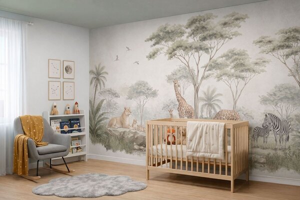 Tapet Safari cu girafe, lei, zebre și copaci tropicali, Imagini de fundal unice, w05804 : Uwalls.ro