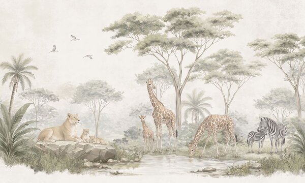 Tapet Safari cu girafe, lei, zebre și copaci tropicali, Imagini de fundal unice, w05804 : Uwalls.ro