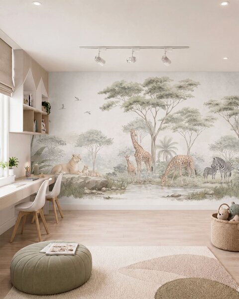 Tapet Safari cu girafe, lei, zebre și copaci tropicali, Imagini de fundal unice, w05804 : Uwalls.ro