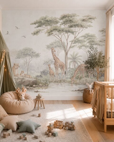 Tapet Safari cu girafe, lei, zebre și copaci tropicali, Imagini de fundal unice, w05804 : Uwalls.ro