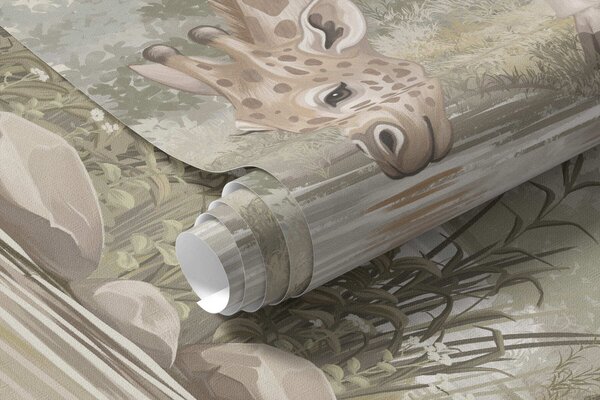 Tapet Safari cu girafe, lei, zebre și copaci tropicali, Imagini de fundal unice, w05804 : Uwalls.ro