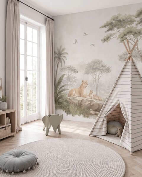 Tapet Safari cu girafe, lei, zebre și copaci tropicali, Imagini de fundal unice, w05804 : Uwalls.ro
