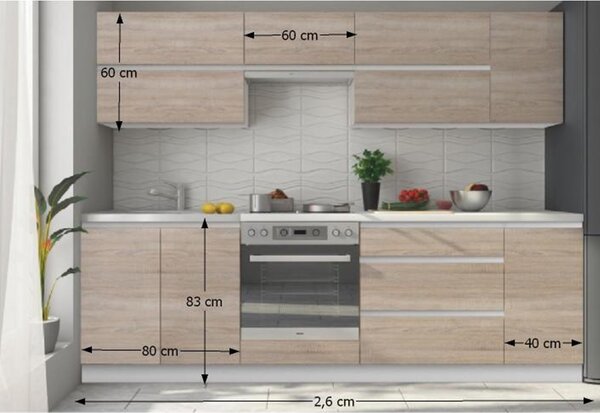 KONDELA Set bucatarie 2,6 m, alb/stejar sonoma, LINE NEW