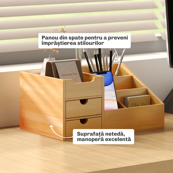 HOMCOM Organizator Birou cu 2 Sertare și 7 Compartimente din Bambus 33x20.5x15.5 cm | Aosom Romania