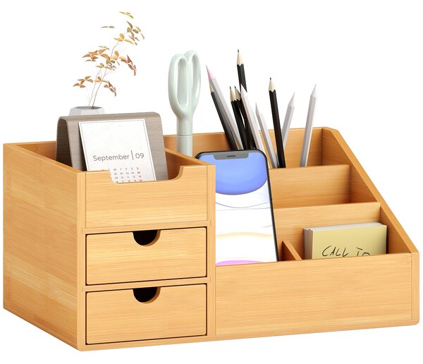 HOMCOM Organizator Birou cu 2 Sertare și 7 Compartimente din Bambus 33x20.5x15.5 cm | Aosom Romania