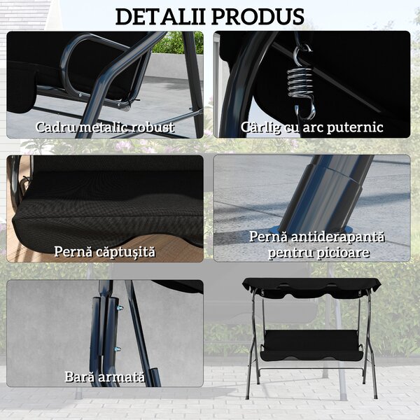 Outsunny Balansoar de Grădină 3 Locuri cu Acoperiș Reglabil și Perne Moi din Poliester, Capacitate 240 kg, 170x110x153 cm, Negru | Aosom Romania