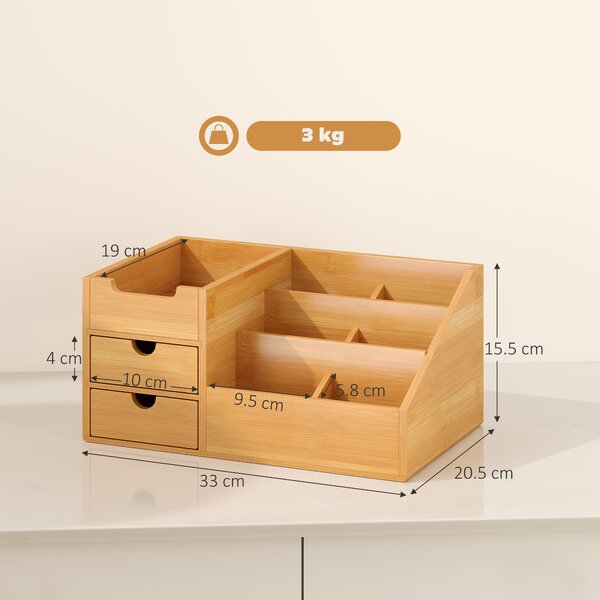 HOMCOM Organizator Birou cu 2 Sertare și 7 Compartimente din Bambus 33x20.5x15.5 cm | Aosom Romania