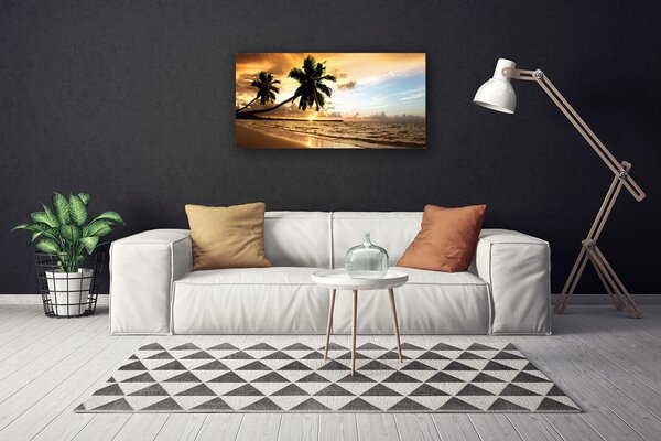 Tablou pe panza canvas Palm Trees Sea Beach Peisaj Galben Negru Albastru