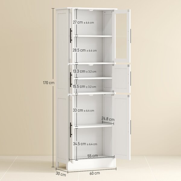 HOMCOM Dulap înalt de baie slim, 170 cm, cu 6 rafturi, uși din sticlă și rafturi reglabile, pentru living sau bucătărie, stil modern, 60x30x170 cm, alb | Aosom Romania