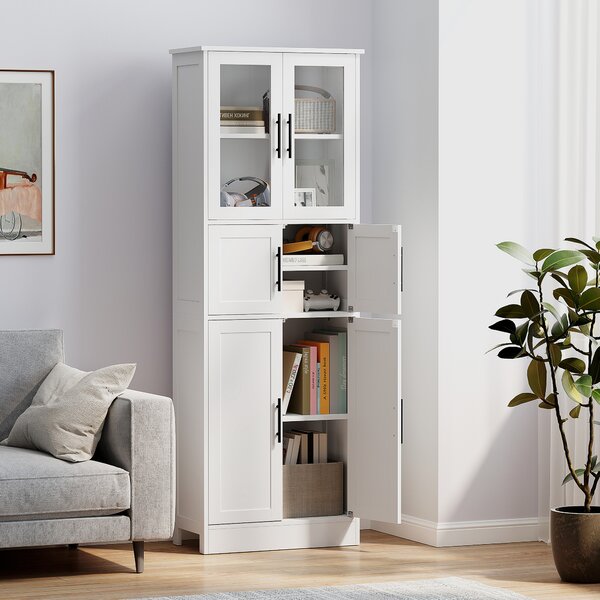 HOMCOM Dulap înalt de baie slim, 170 cm, cu 6 rafturi, uși din sticlă și rafturi reglabile, pentru living sau bucătărie, stil modern, 60x30x170 cm, alb | Aosom Romania