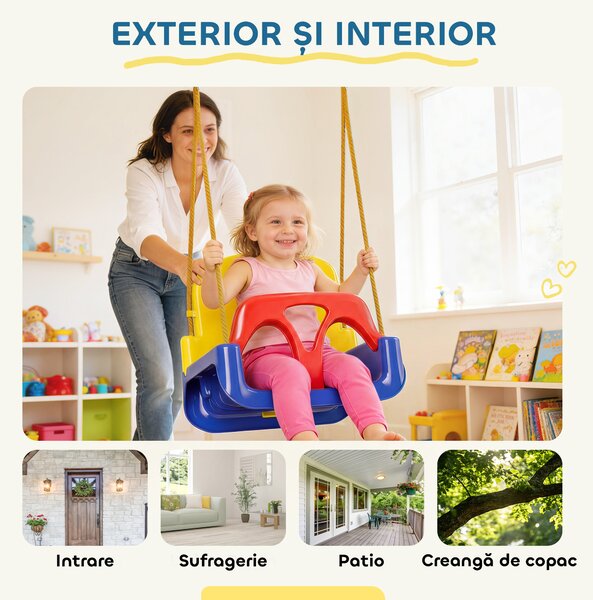 Outsunny Leagăn pentru Copii 3 în 1 de Interior și Exterior, Leagăn de Grădină pentru Bebeluși și Copii 9-36 Luni, Frânghie Reglabilă 120-180 cm și Centură de Siguranță, 42x33x120-180 cm, Albastru | Aosom Romania