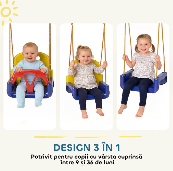 Outsunny Leagăn pentru Copii 3 în 1 de Interior și Exterior, Leagăn de Grădină pentru Bebeluși și Copii 9-36 Luni, Frânghie Reglabilă 120-180 cm și Centură de Siguranță, 42x33x120-180 cm, Albastru | Aosom Romania