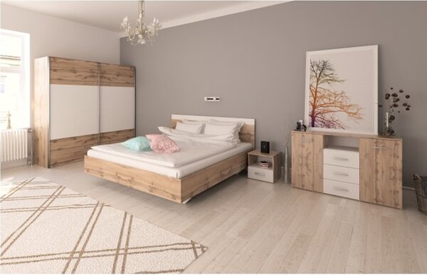 KONDELA Set dormitor (pat 160x200 cm), stejar wotan/alb, GABRIELA NEW