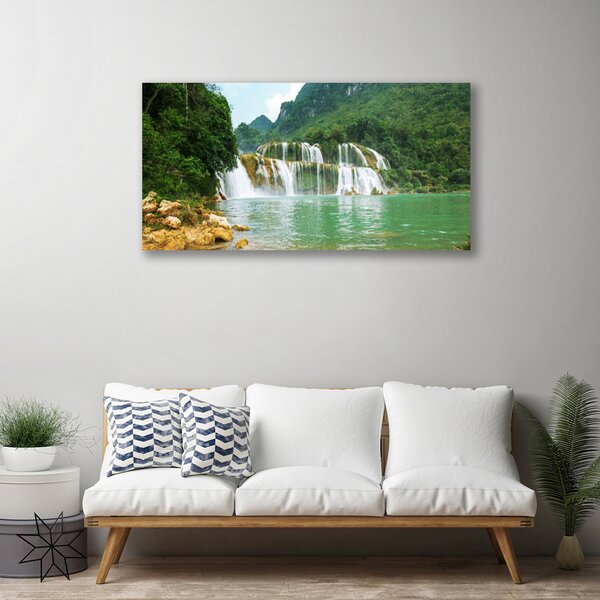 Tablou pe panza canvas Pădure Cascada Peisaj Brun Verde Alb Albastru